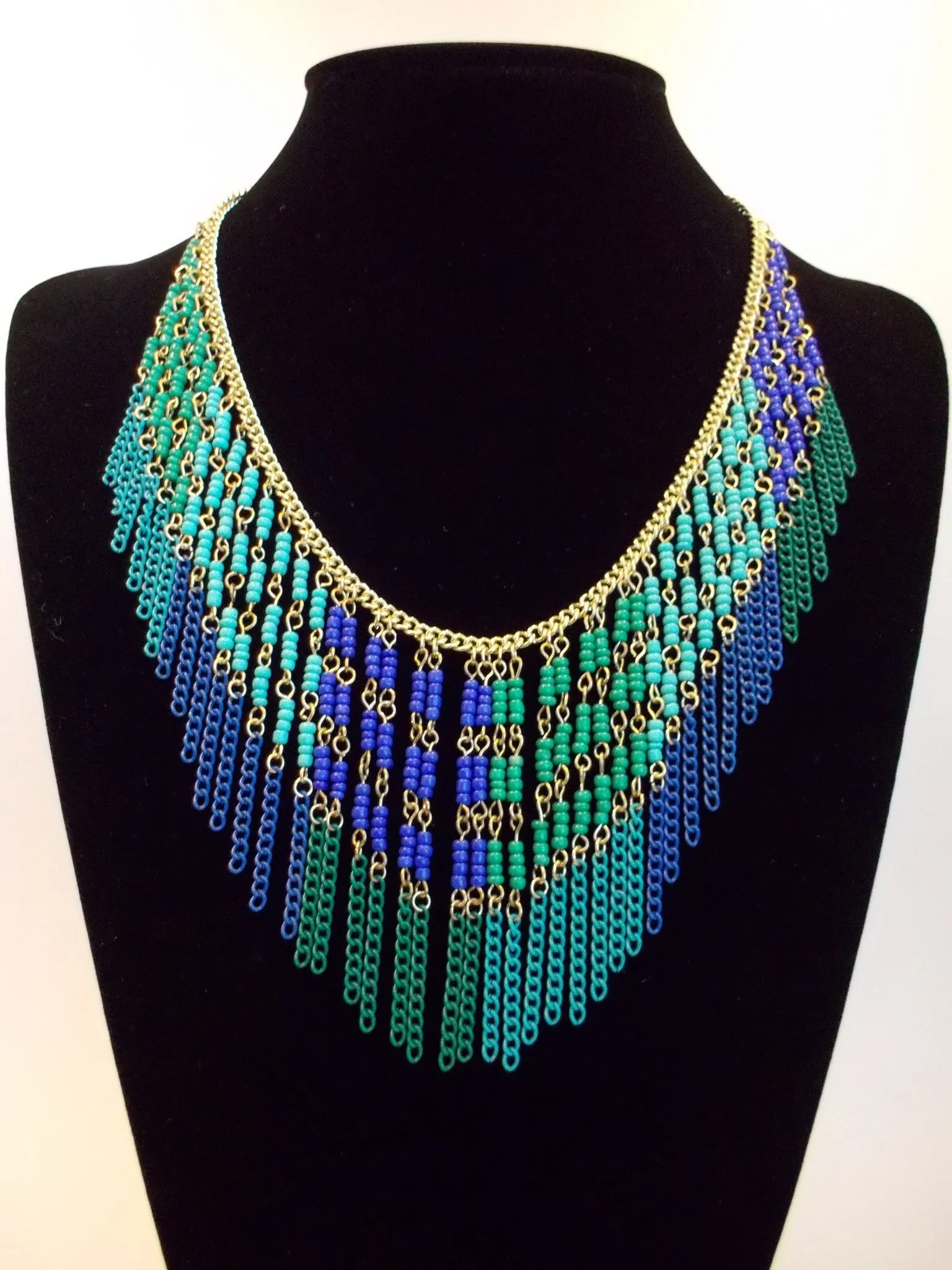 Boho Beaded Fringe Statement Necklace- Blue