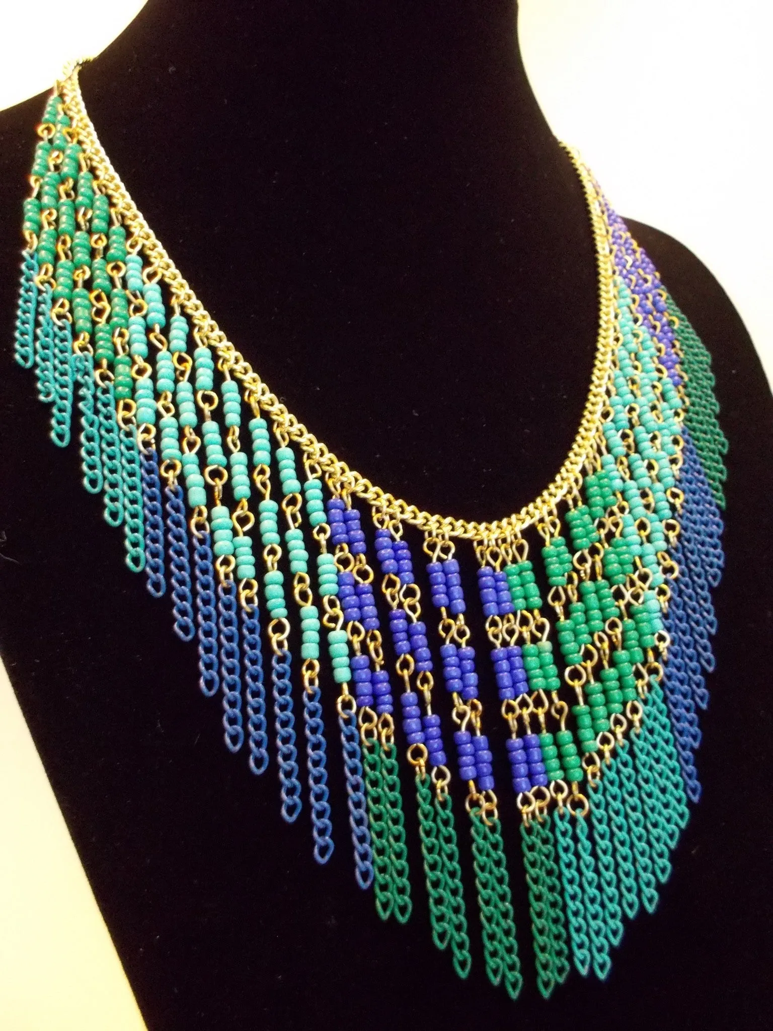 Boho Beaded Fringe Statement Necklace- Blue