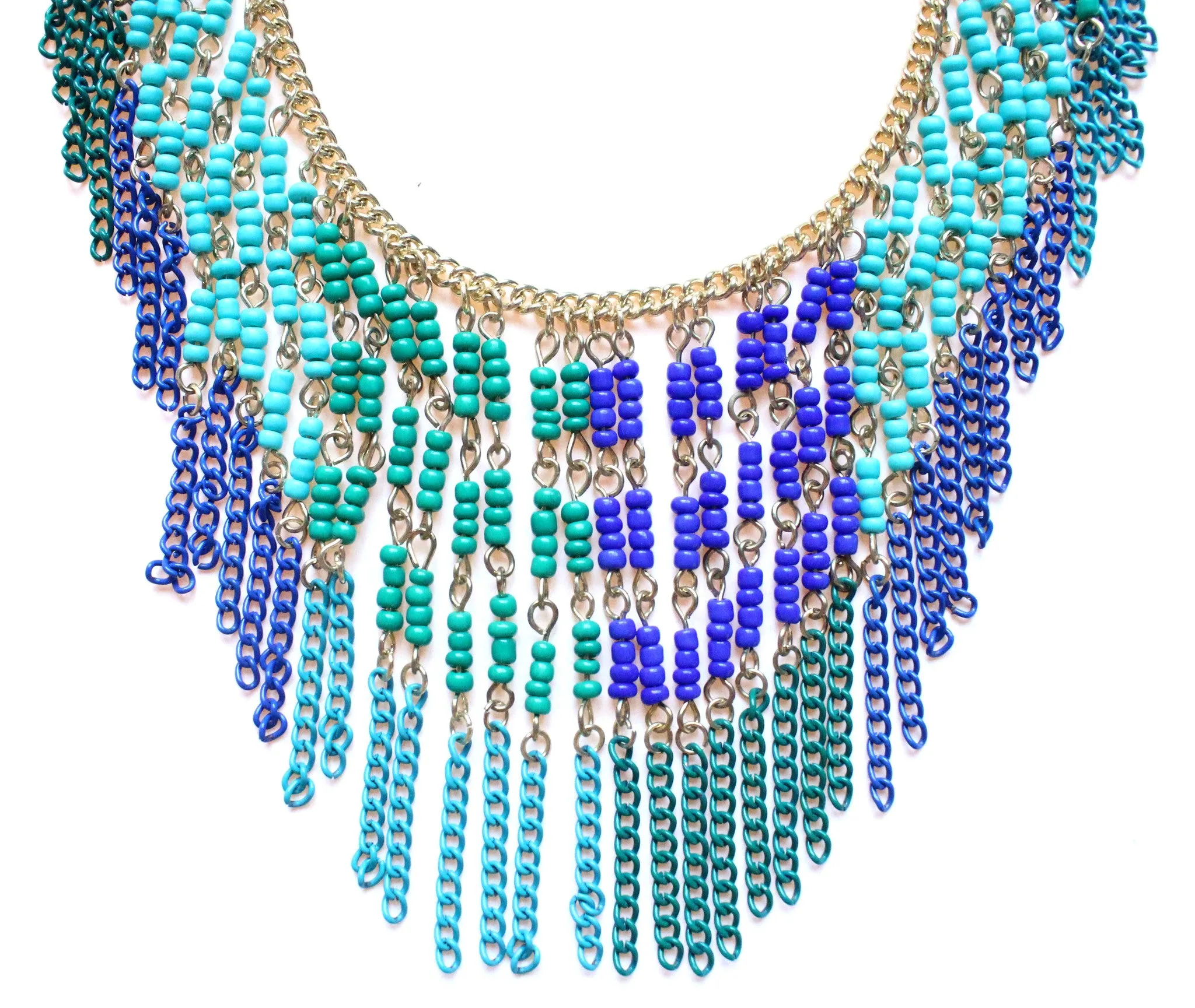 Boho Beaded Fringe Statement Necklace- Blue