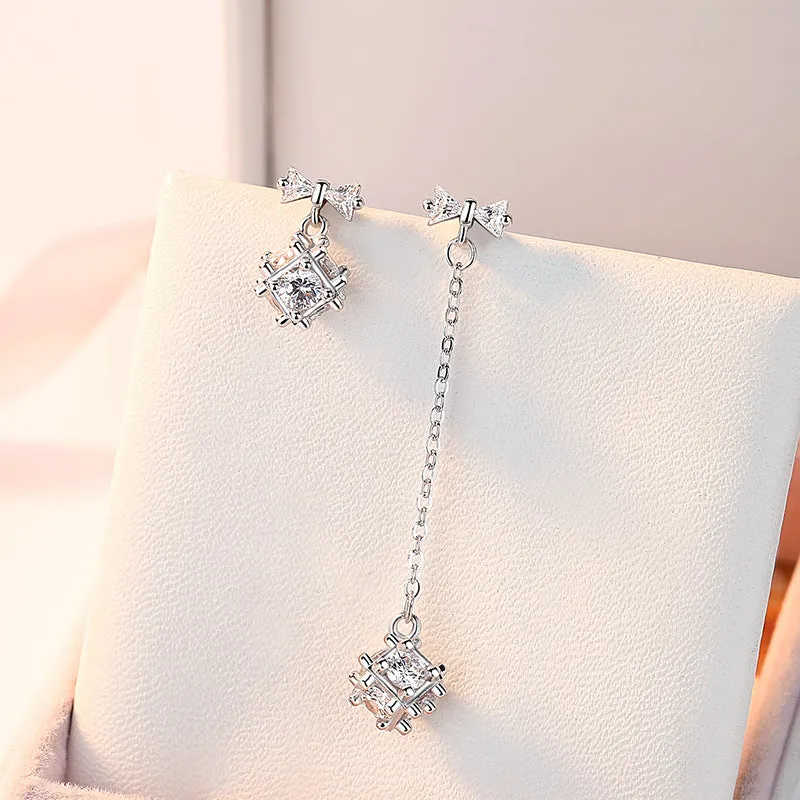 Bowknot Cube with Zircon Asymmetric Silver Drop Earrings for Women