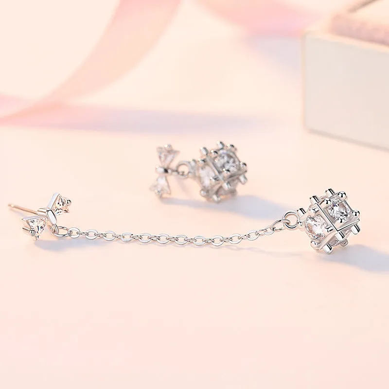 Bowknot Cube with Zircon Asymmetric Silver Drop Earrings for Women