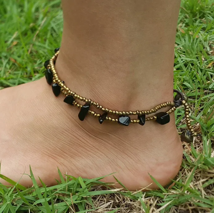 Brass Beads Anklet with Onyx