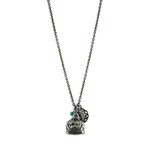 Buddha, Om, Rose Outline Charm with Turquoise Stone Chain Necklace