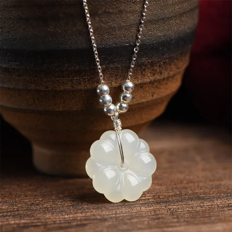 Buddha Stones 925 Sterling Silver Hetian White Jade Cosmos Flower Happiness Necklace Pendant