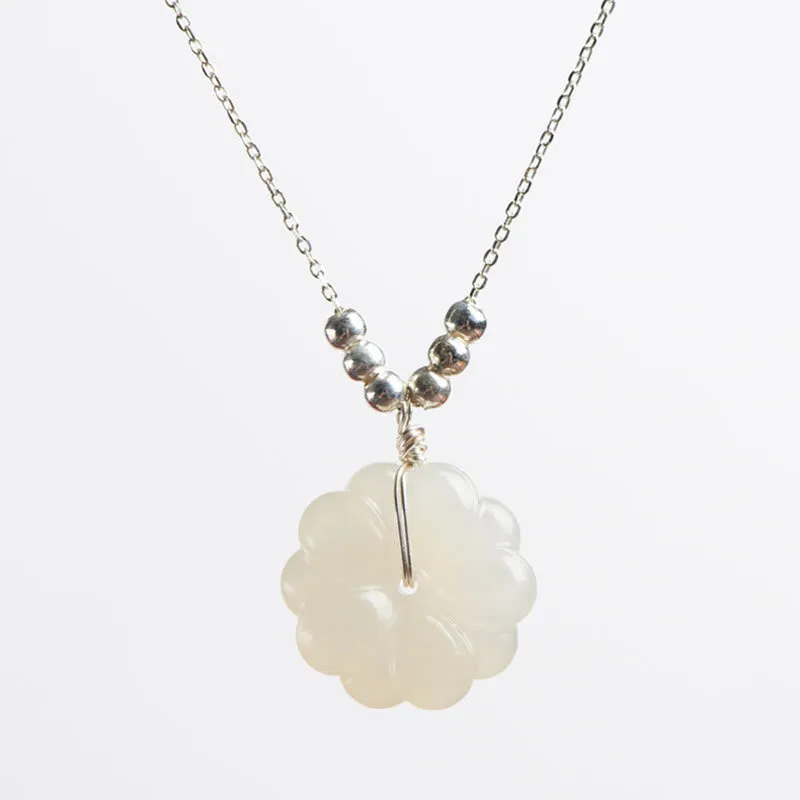 Buddha Stones 925 Sterling Silver Hetian White Jade Cosmos Flower Happiness Necklace Pendant