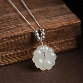 Buddha Stones 925 Sterling Silver Hetian White Jade Cosmos Flower Happiness Necklace Pendant