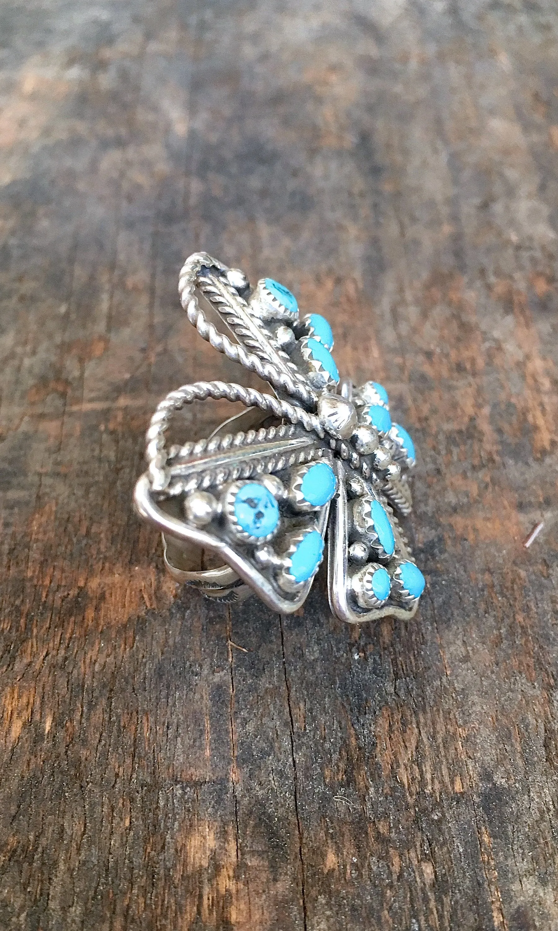 BUTTERFLY EFFECT Navajo Silver & Turquoise Cluster Ring | Size 9