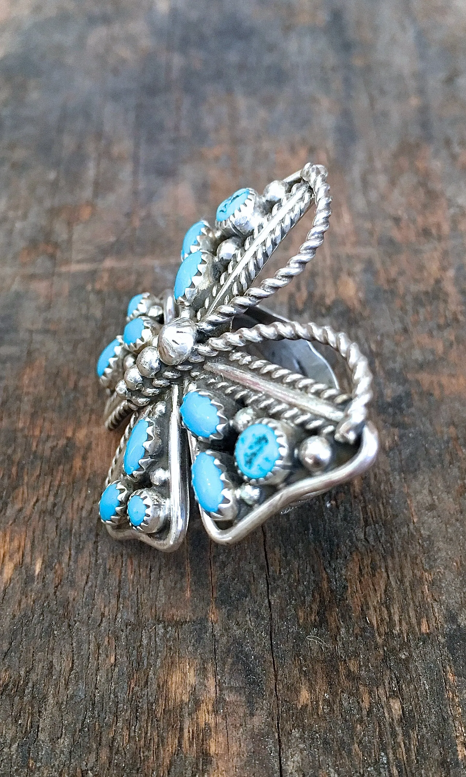 BUTTERFLY EFFECT Navajo Silver & Turquoise Cluster Ring | Size 9