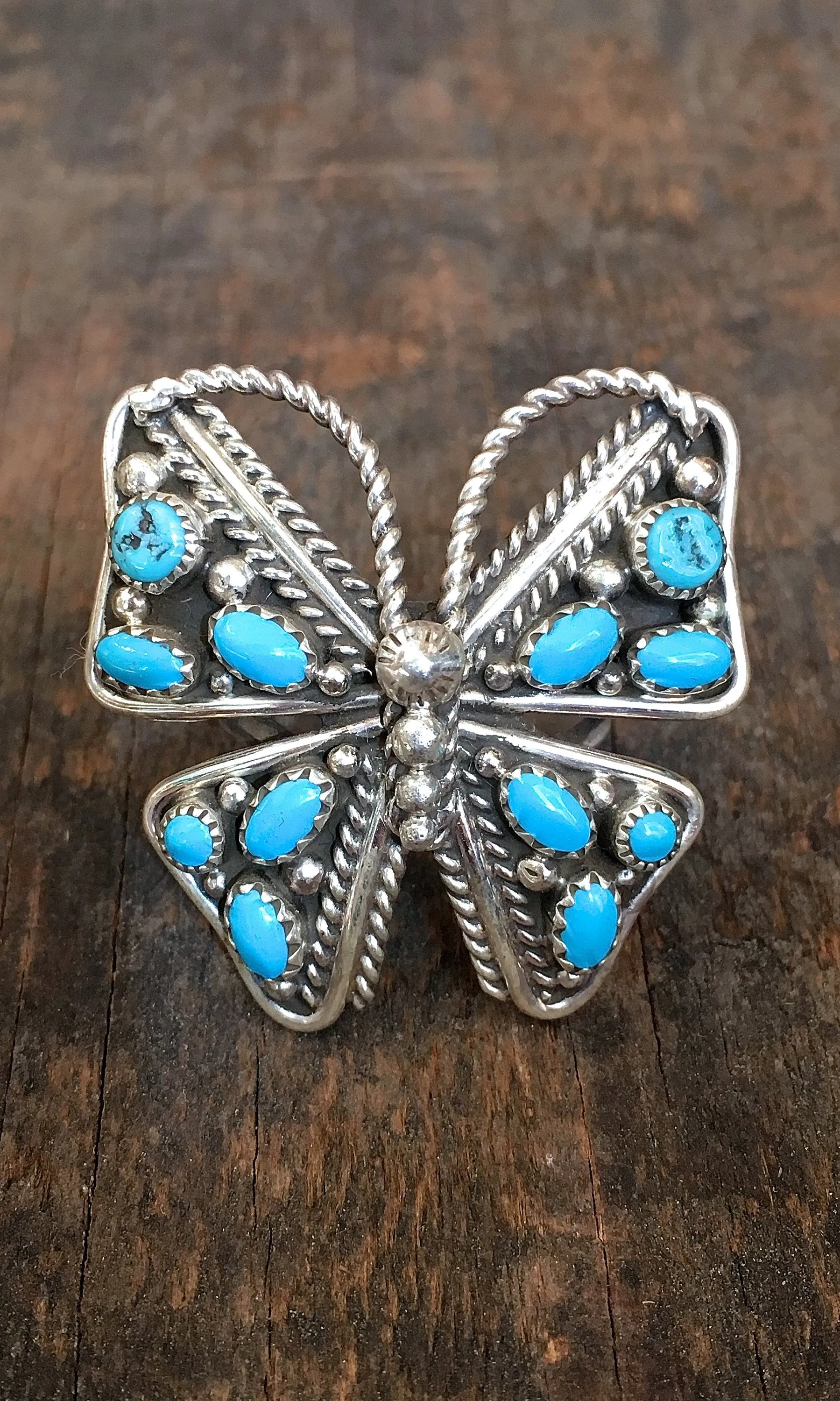 BUTTERFLY EFFECT Navajo Silver & Turquoise Cluster Ring | Size 9