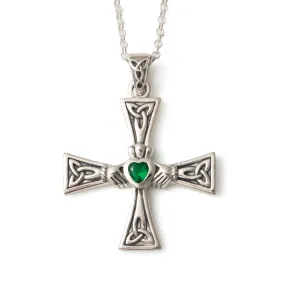 Celtic Knot Cross Pendant with Emerald Claddagh Heart