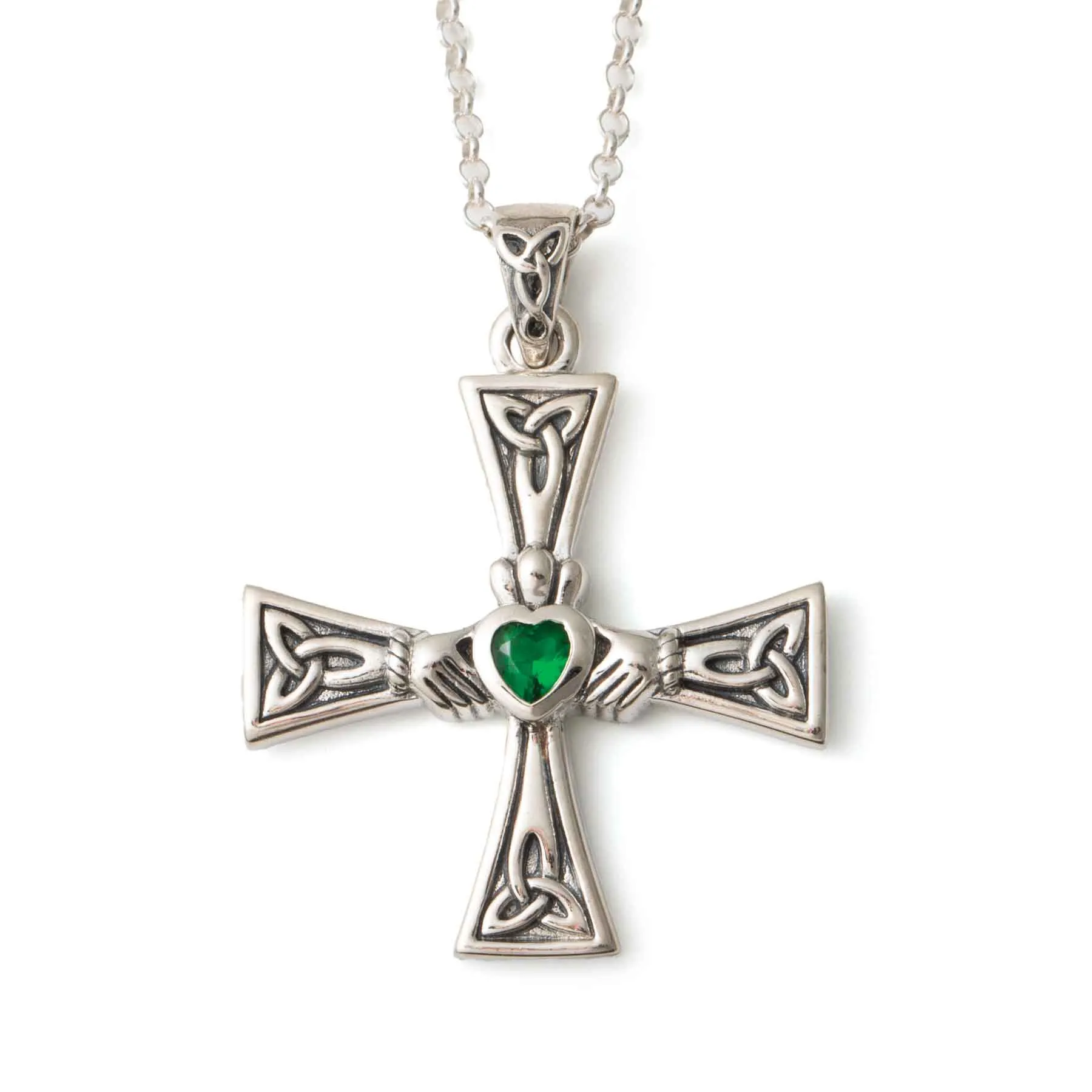 Celtic Knot Cross Pendant with Emerald Claddagh Heart