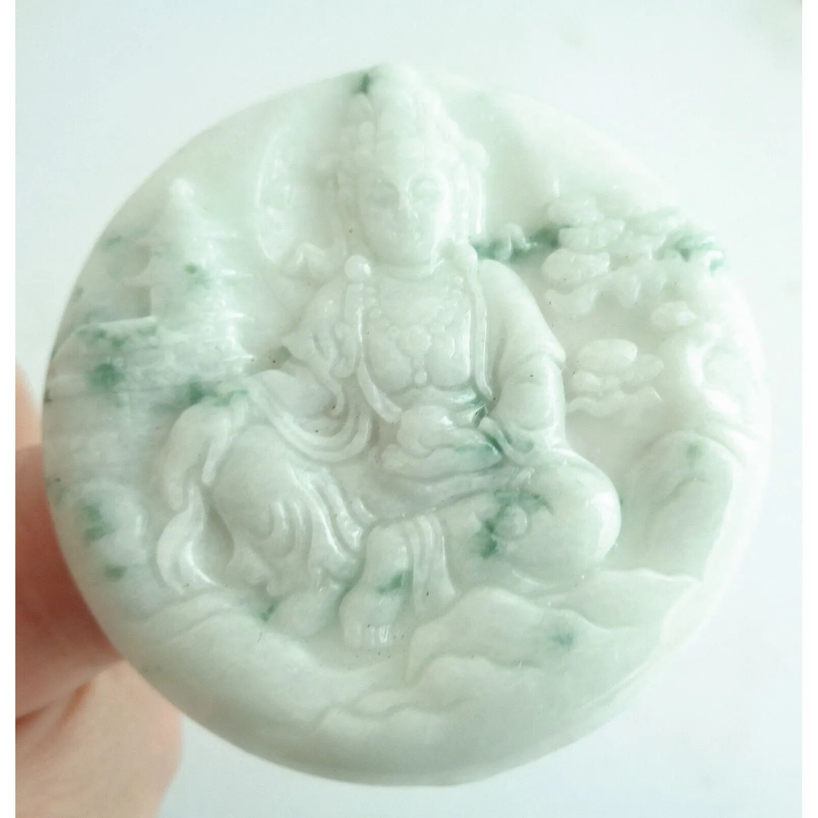 Certified Green A Jade Jadeite Carved Landscape Painting Kwan Yin Pendant Necklace