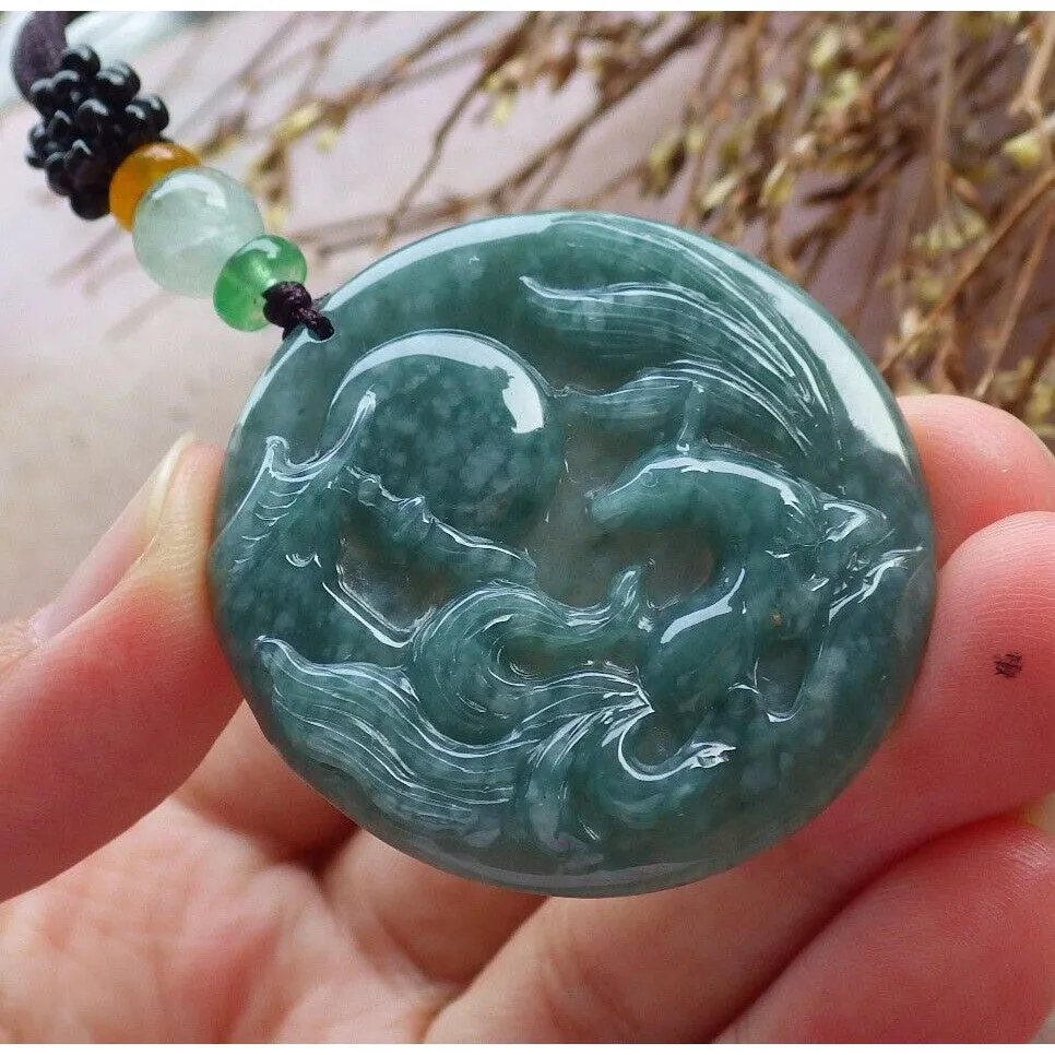 Certified Green Burma 100% Natural A Jade Jadeite Pendant Fox Phoenix Necklace