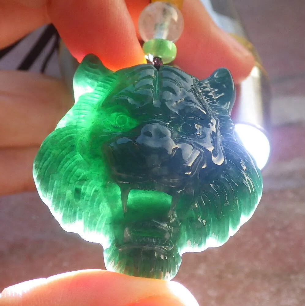 Certified Icy Green Burma 100% Natural A Jade Jadeite Pendant Tiger Necklace