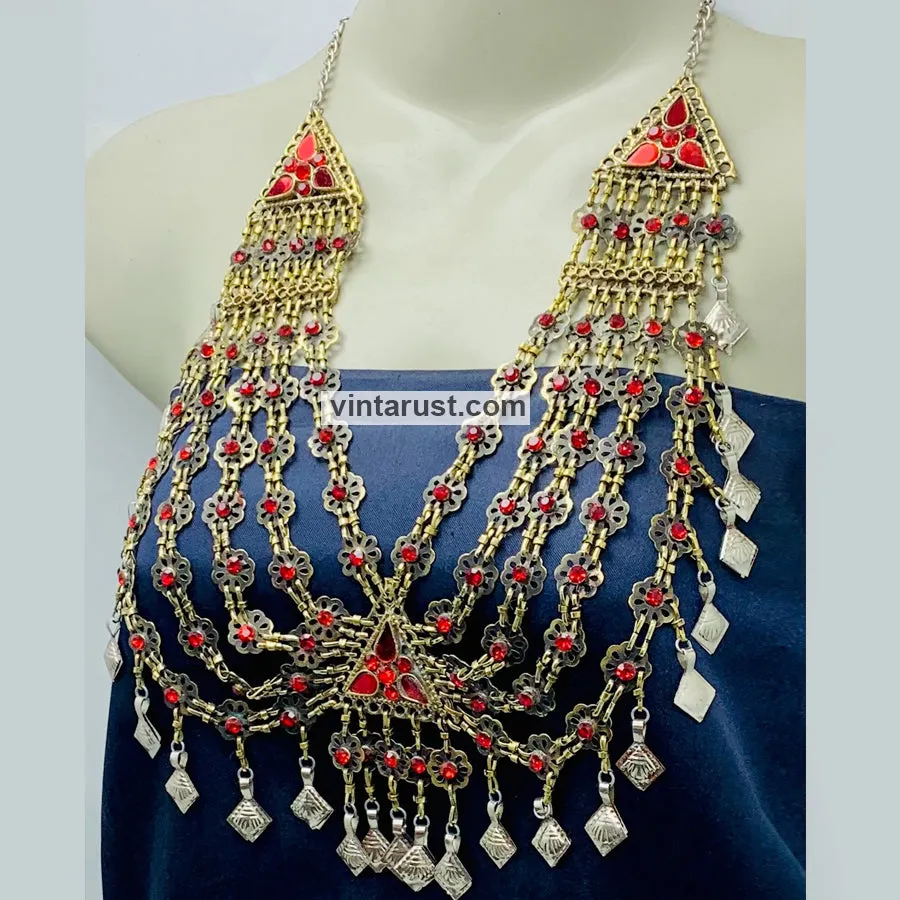 Charming Vintage Red Glass Stones Bib Necklace