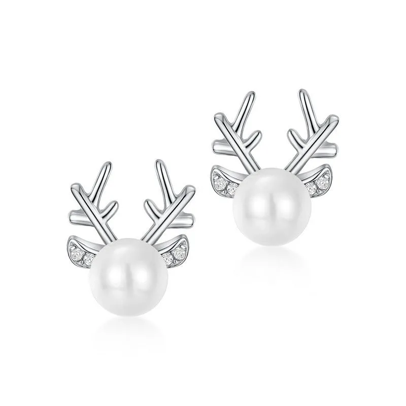 Christmas Round Pearl Zircon Reindeer Sterling Silver Stud Earrings