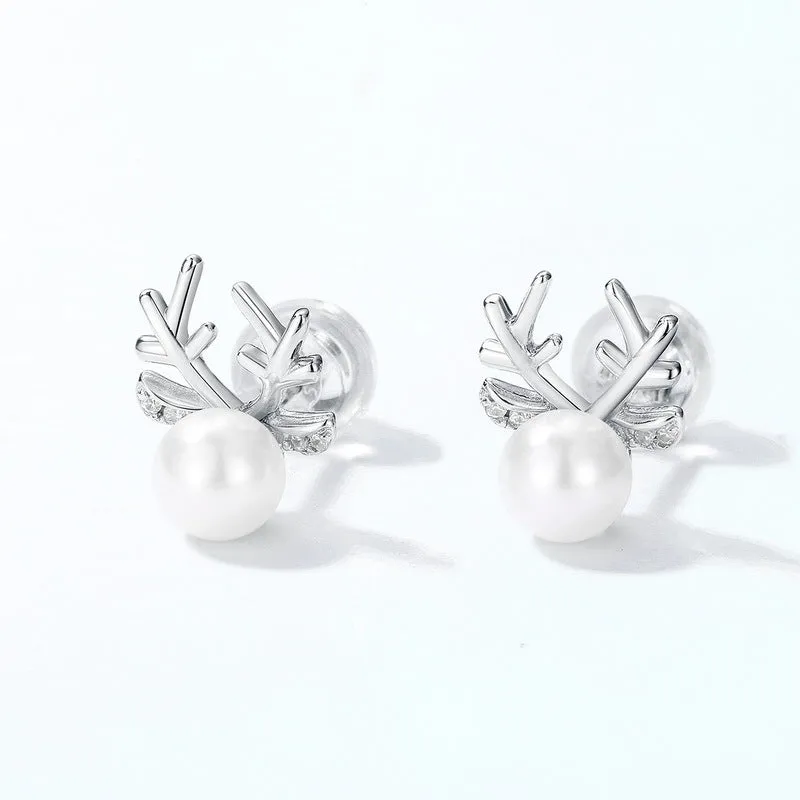 Christmas Round Pearl Zircon Reindeer Sterling Silver Stud Earrings