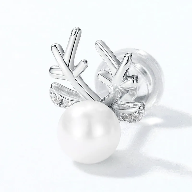 Christmas Round Pearl Zircon Reindeer Sterling Silver Stud Earrings