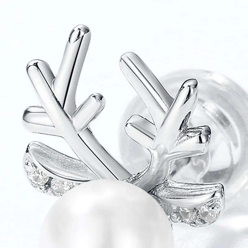 Christmas Round Pearl Zircon Reindeer Sterling Silver Stud Earrings