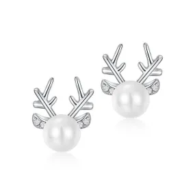 Christmas Round Pearl Zircon Reindeer Sterling Silver Stud Earrings