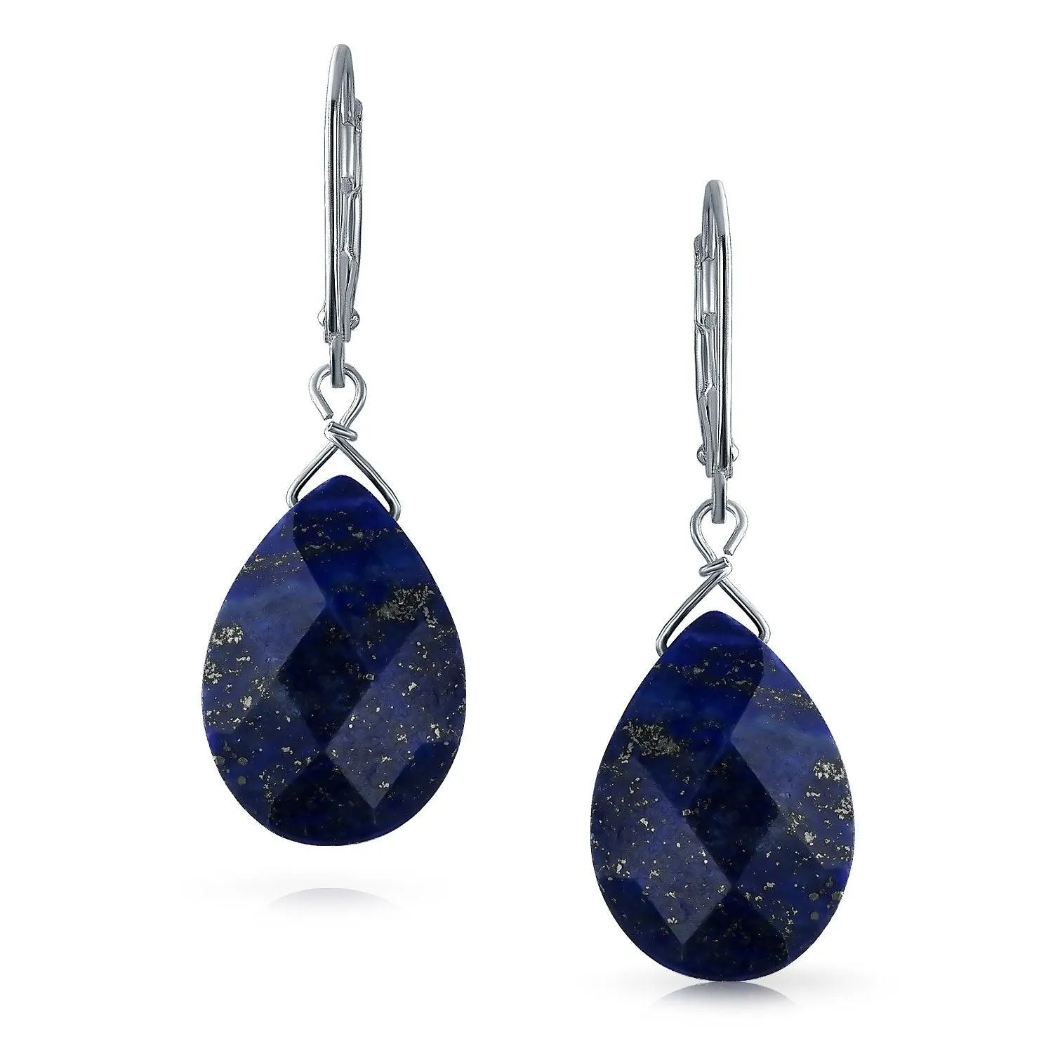 Classic Briolette Lapis Lazuli & Amethyst Teardrop Dangle Earrings in Sterling Silver