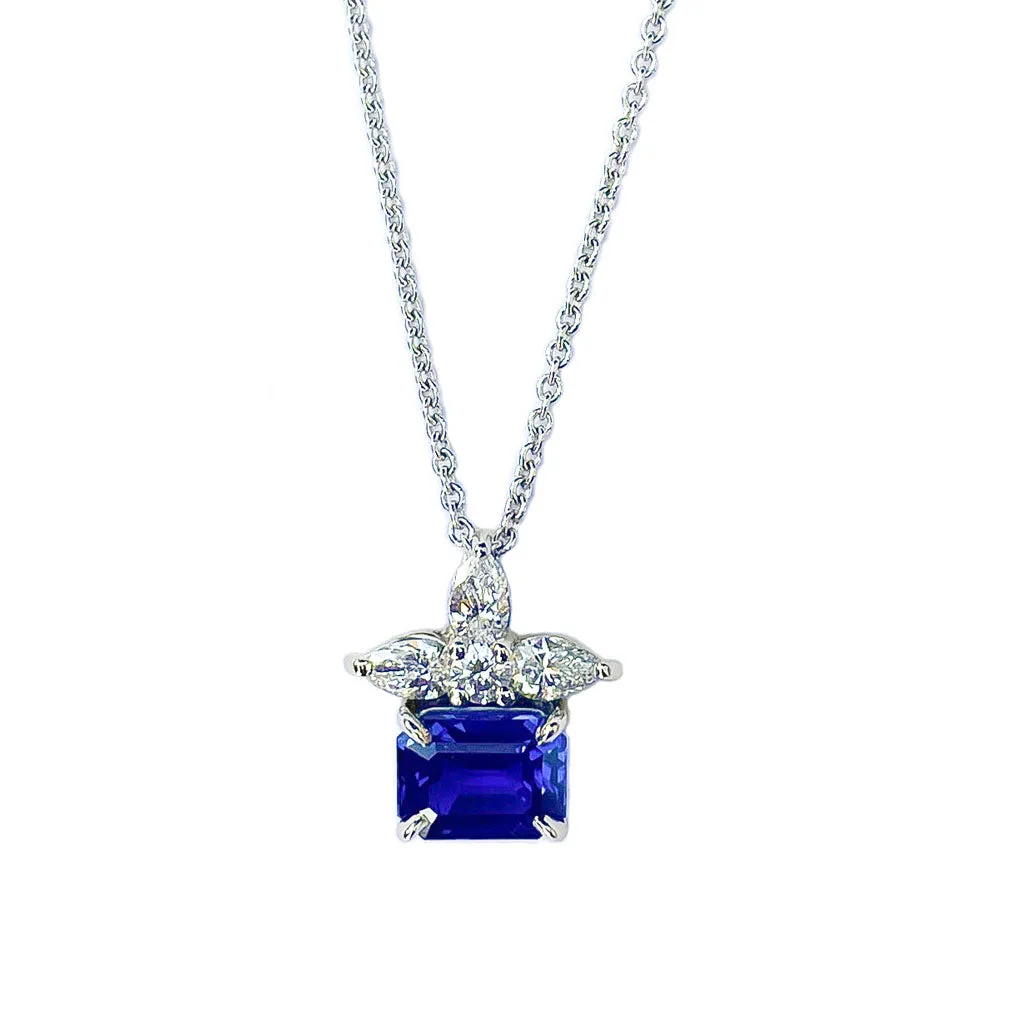 Classic Emerald Cut Blue Sapphire and Diamond  Pendant