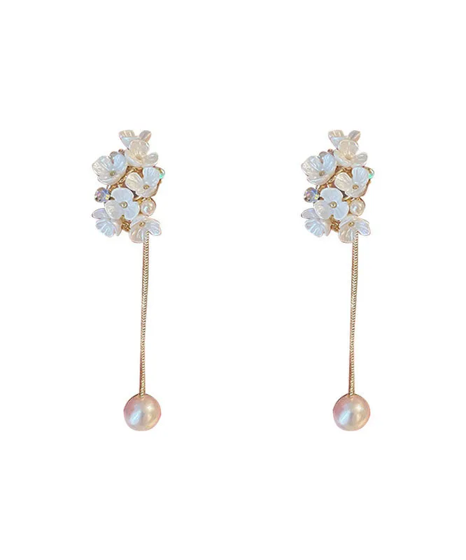 Classy White Overgild Zircon Pearl Floral Tassle Drop Earrings LY7812