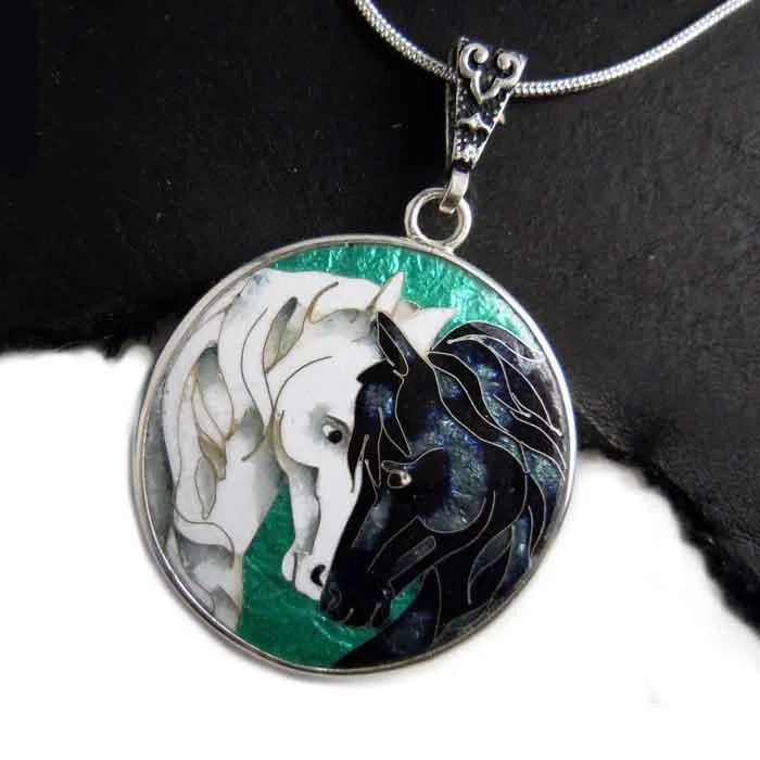 Cloisonné Facing Horses Pendant Necklace