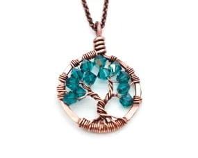 Copper Blue Zircon Tree of Life Crystal Necklace (December)