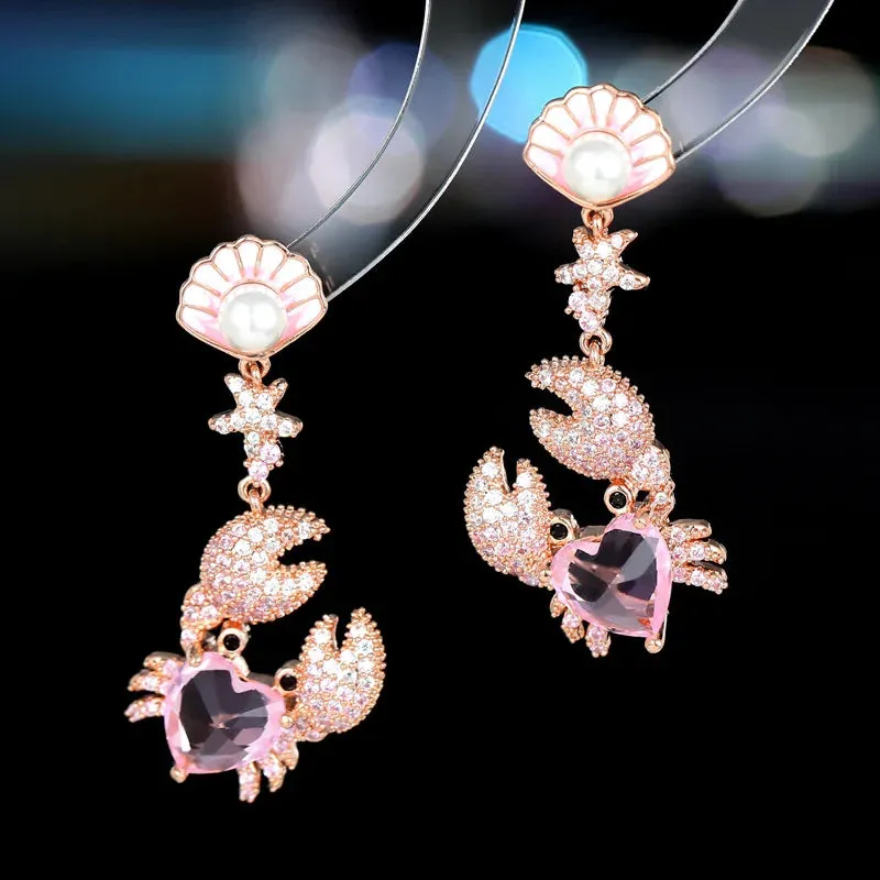 Creative Design Cubic Zirconia Pearl Shell Crab Earrings Women Jewely Accessories LYX338