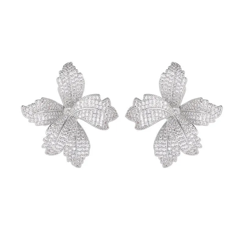 Cubic Zircon Flower Earrings for Wedding, Leaf Crystals Stud Earring for Bride, Women Girl Birthday Party Jewelry LYX170