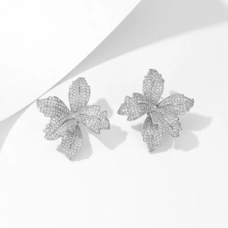 Cubic Zircon Flower Earrings for Wedding, Leaf Crystals Stud Earring for Bride, Women Girl Birthday Party Jewelry LYX170