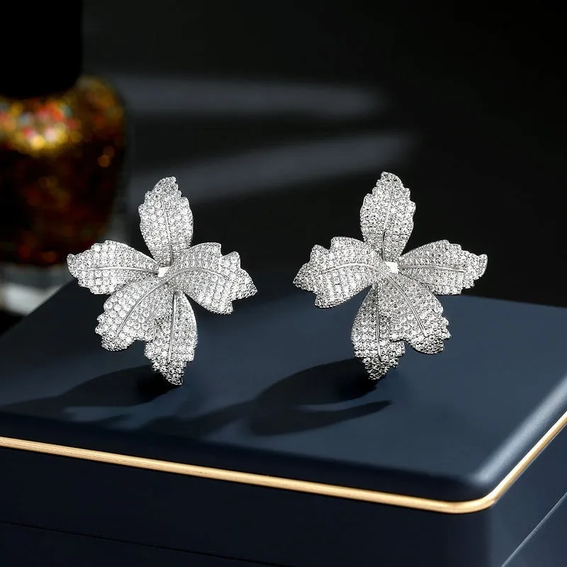 Cubic Zircon Flower Earrings for Wedding, Leaf Crystals Stud Earring for Bride, Women Girl Birthday Party Jewelry LYX170