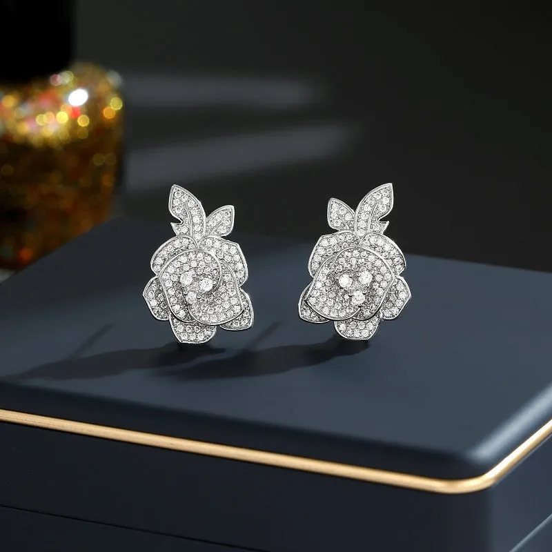 Cubic Zircon Flower Stud Earring for Wedding, Leaf Crystals Earrings for Bride, Women Girl Birthday Party Jewelry LYZ081