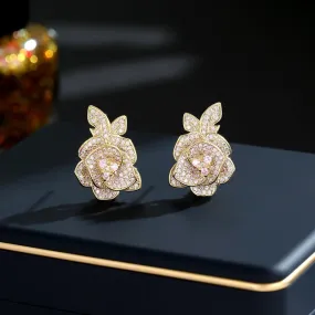 Cubic Zircon Flower Stud Earring for Wedding, Leaf Crystals Earrings for Bride, Women Girl Birthday Party Jewelry LYZ081