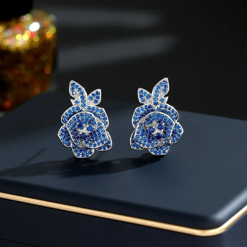 Cubic Zircon Flower Stud Earring for Wedding, Leaf Crystals Earrings for Bride, Women Girl Birthday Party Jewelry LYZ081