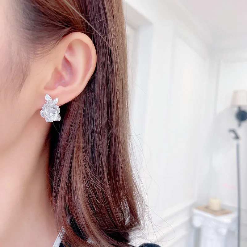 Cubic Zircon Flower Stud Earring for Wedding, Leaf Crystals Earrings for Bride, Women Girl Birthday Party Jewelry LYZ081