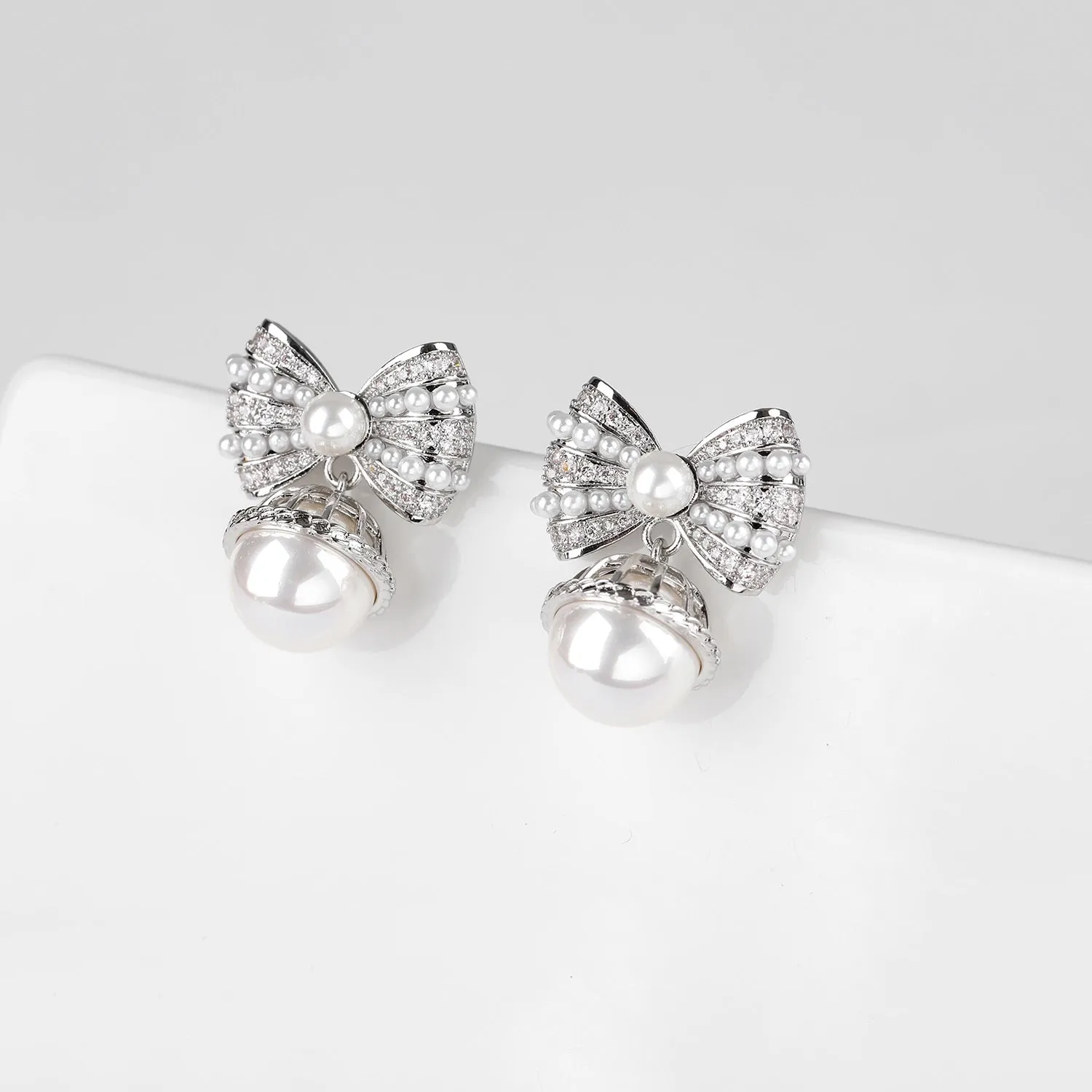 Cubic Zirconia Bow Earring for Wedding, Pearls Prom Dangler Jewelry for Women CE11926