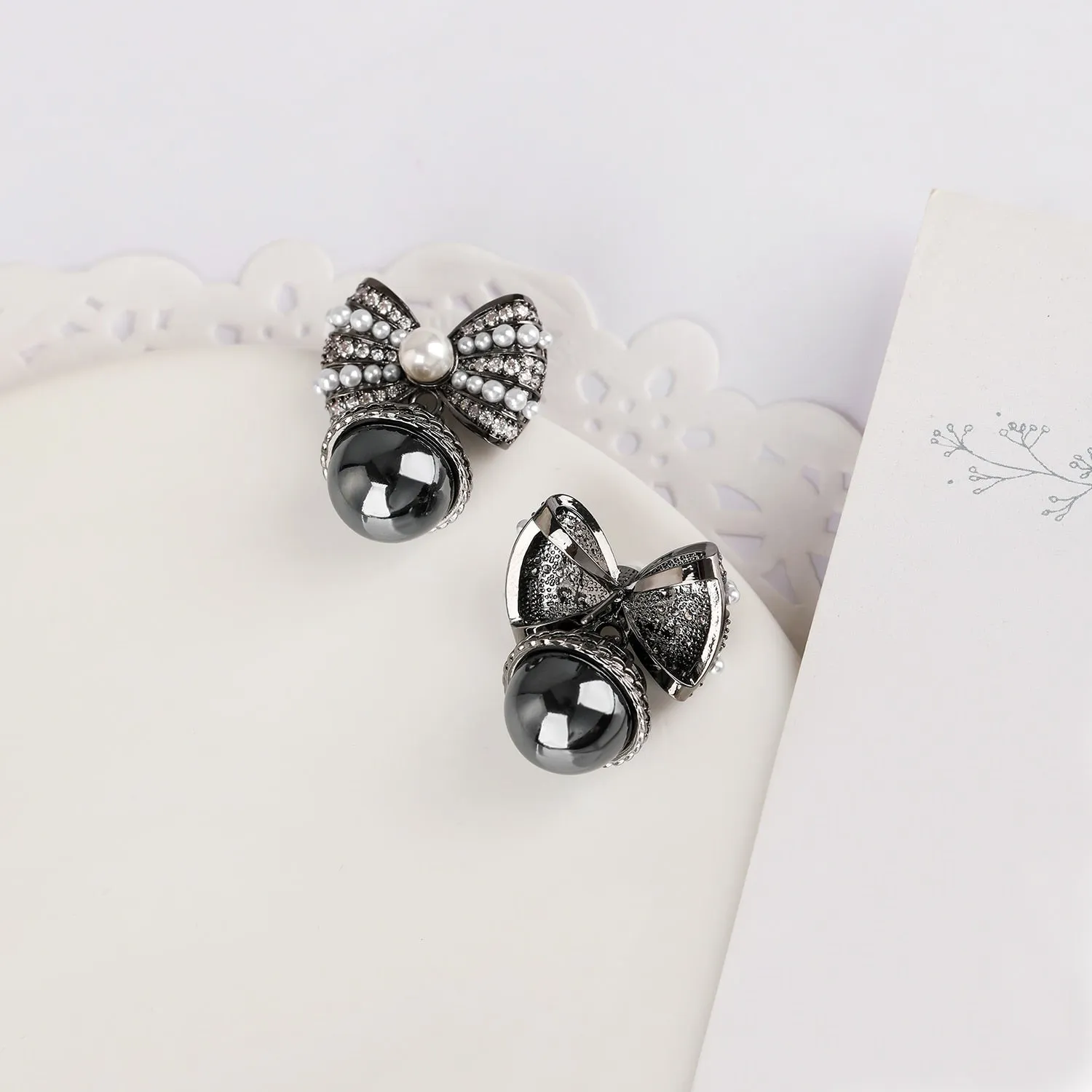 Cubic Zirconia Bow Earring for Wedding, Pearls Prom Dangler Jewelry for Women CE11926