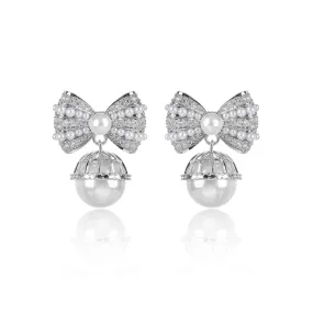 Cubic Zirconia Bow Earring for Wedding, Pearls Prom Dangler Jewelry for Women CE11926