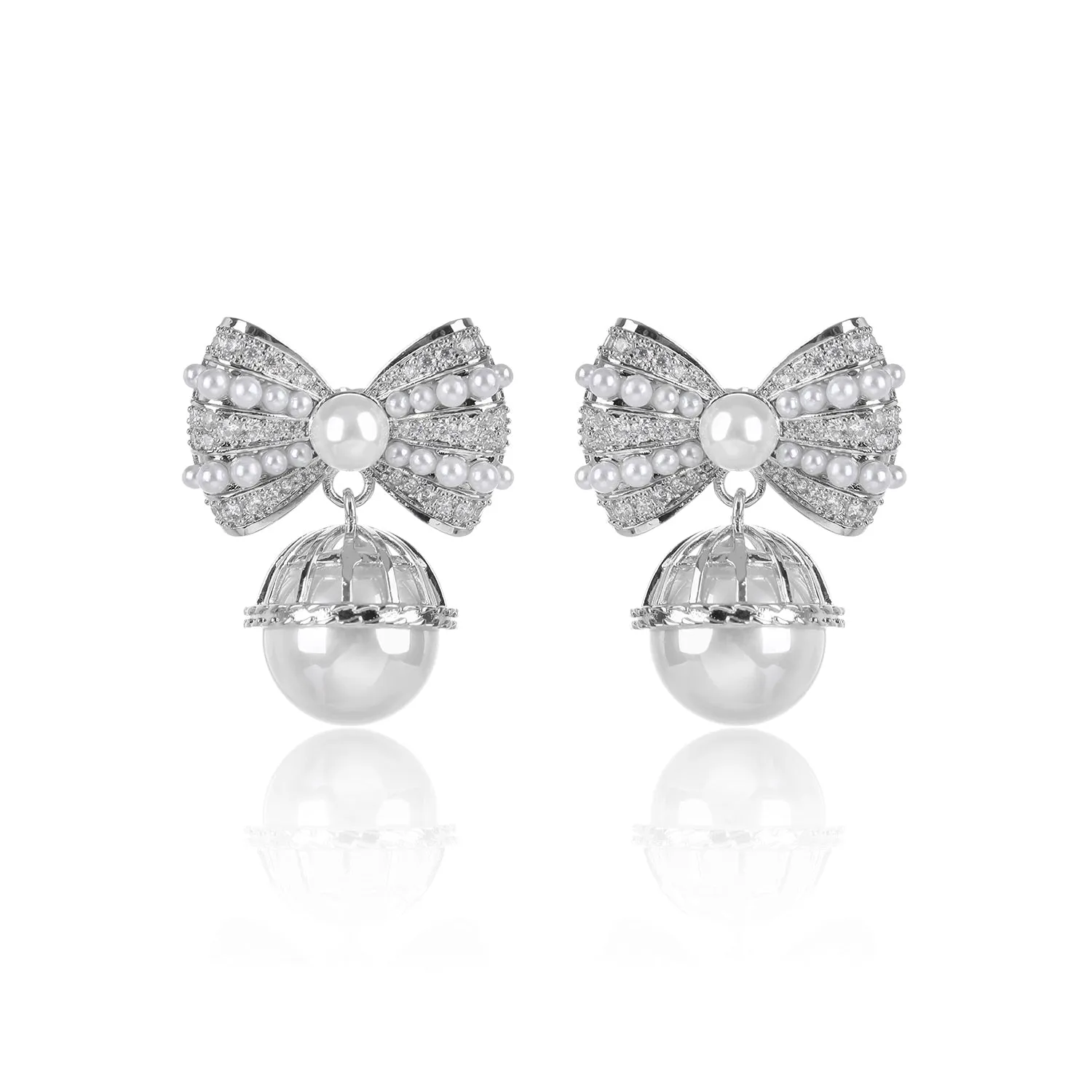 Cubic Zirconia Bow Earring for Wedding, Pearls Prom Dangler Jewelry for Women CE11926