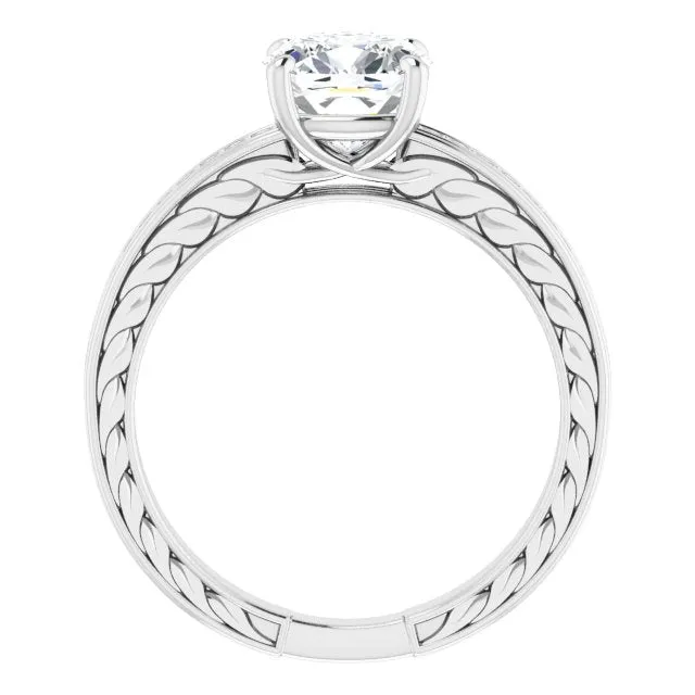 Cubic Zirconia Engagement Ring- The Angie (Customizable Cushion Cut Design with Rope-Filigree Hammered Inlay & Round Channel Accents)