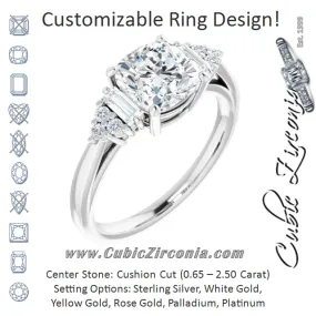 Cubic Zirconia Engagement Ring- The Barb (Customizable 9-stone Design with Cushion Cut Center, Side Baguettes and Tri-Cluster Round Accents)