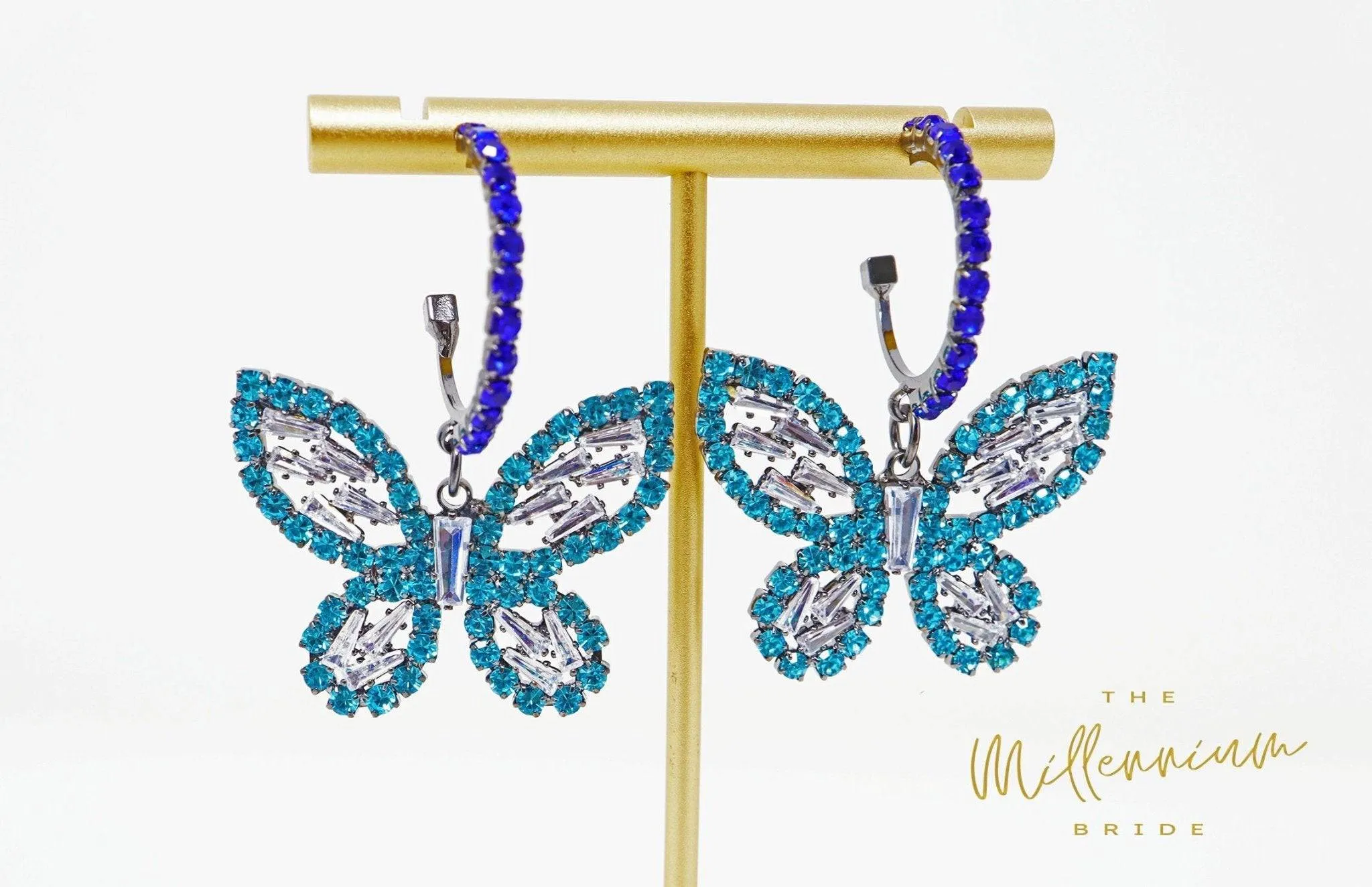 CZ Blue Butterfly Earrings, Swarovski Crystal Earrings, Statement Earrings, Rhinestones Hoop Earrings.