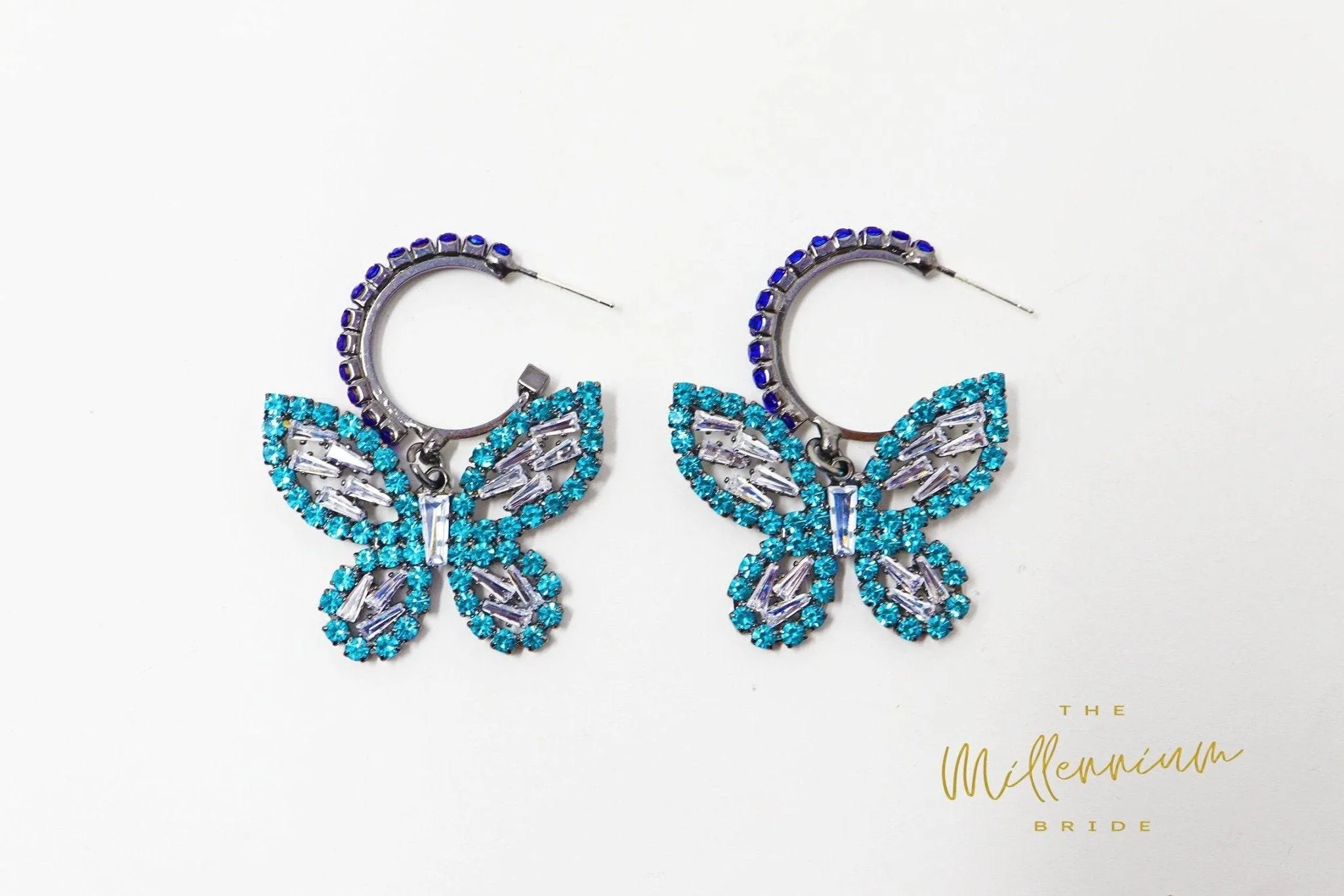 CZ Blue Butterfly Earrings, Swarovski Crystal Earrings, Statement Earrings, Rhinestones Hoop Earrings.