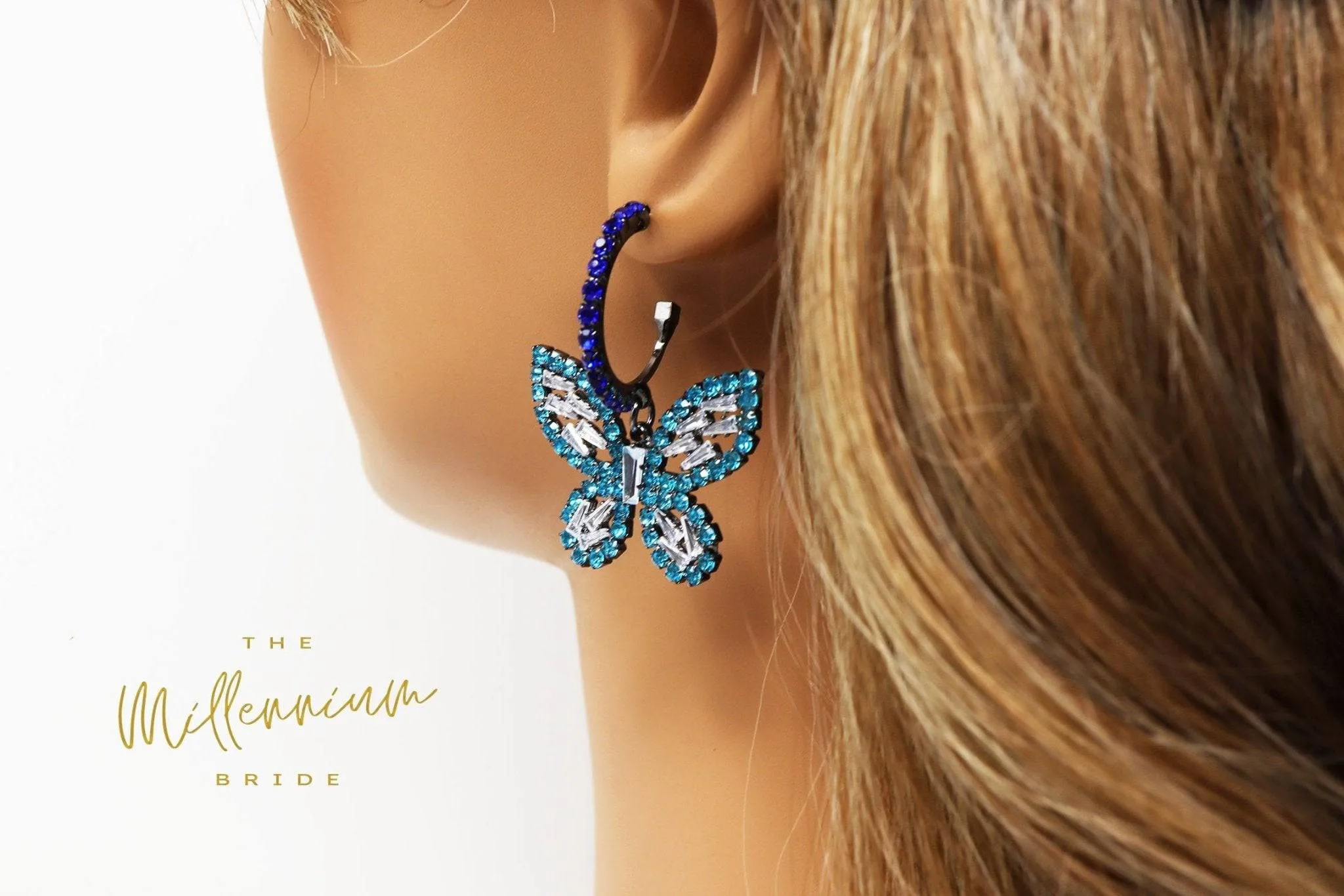 CZ Blue Butterfly Earrings, Swarovski Crystal Earrings, Statement Earrings, Rhinestones Hoop Earrings.