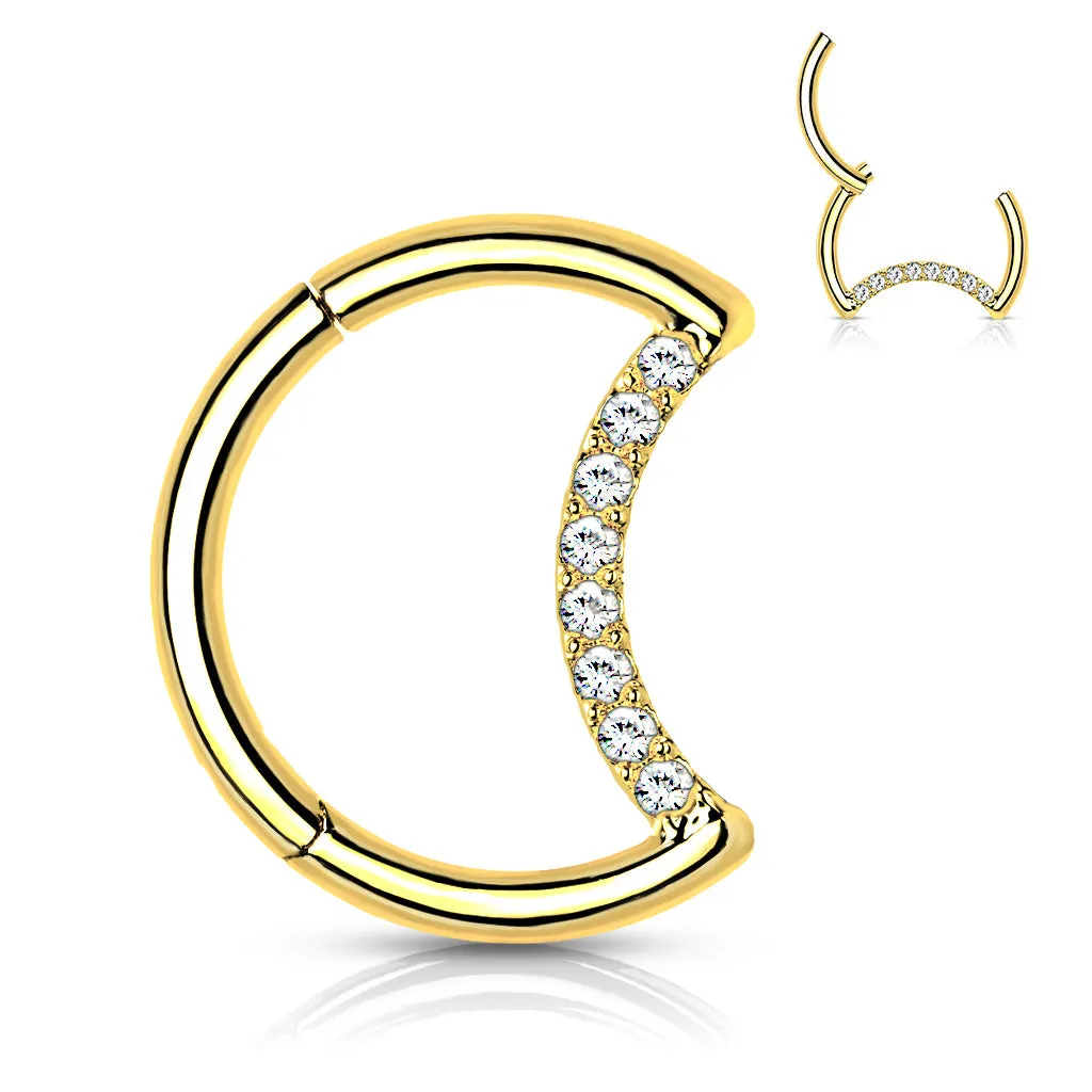 CZ Crescent Moon Hinged Titanium Ring Gold