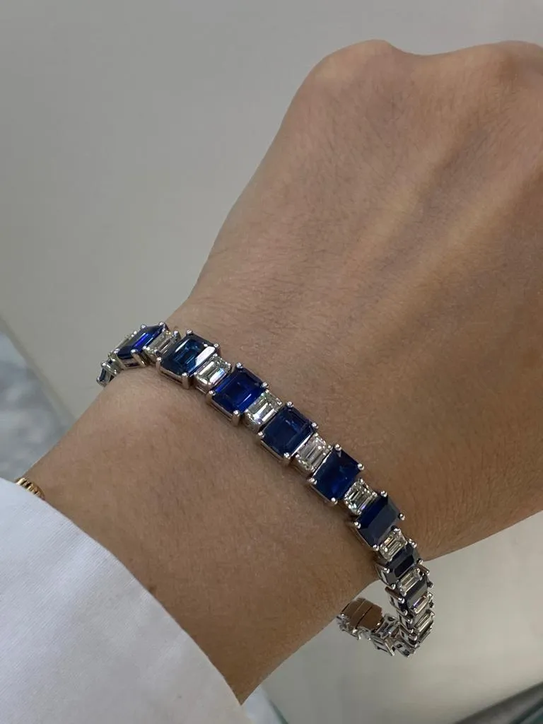 Dallas 28 Carat Blue Emerald Cut Sapphire and Diamond Single Row Bracelet