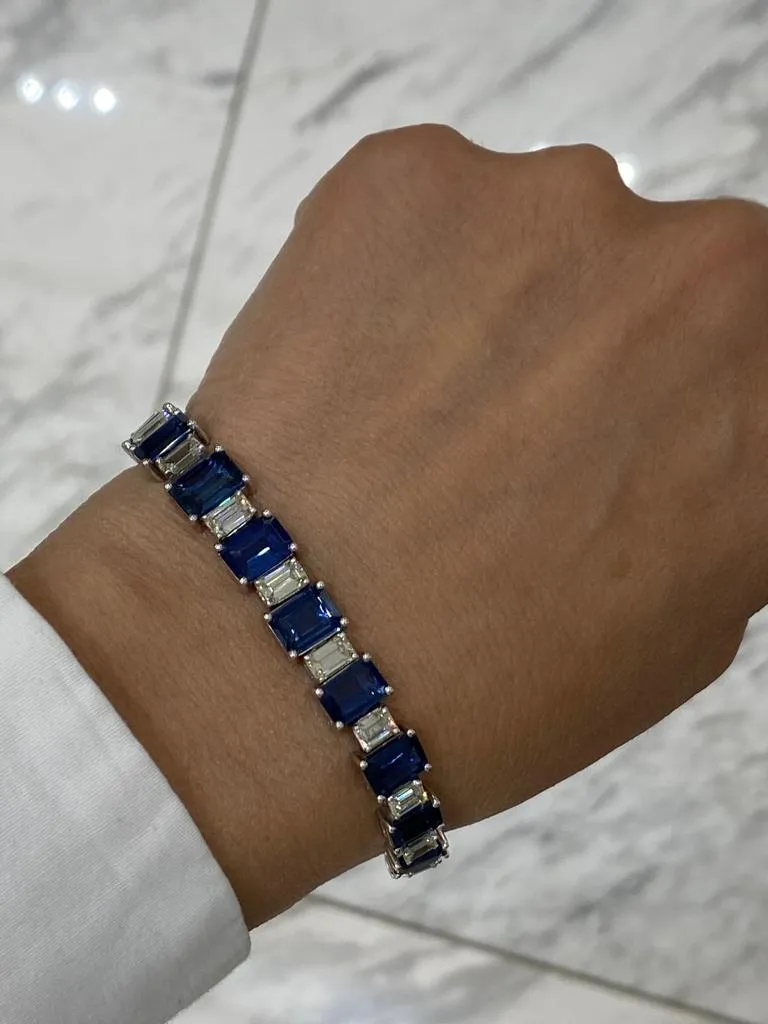 Dallas 28 Carat Blue Emerald Cut Sapphire and Diamond Single Row Bracelet