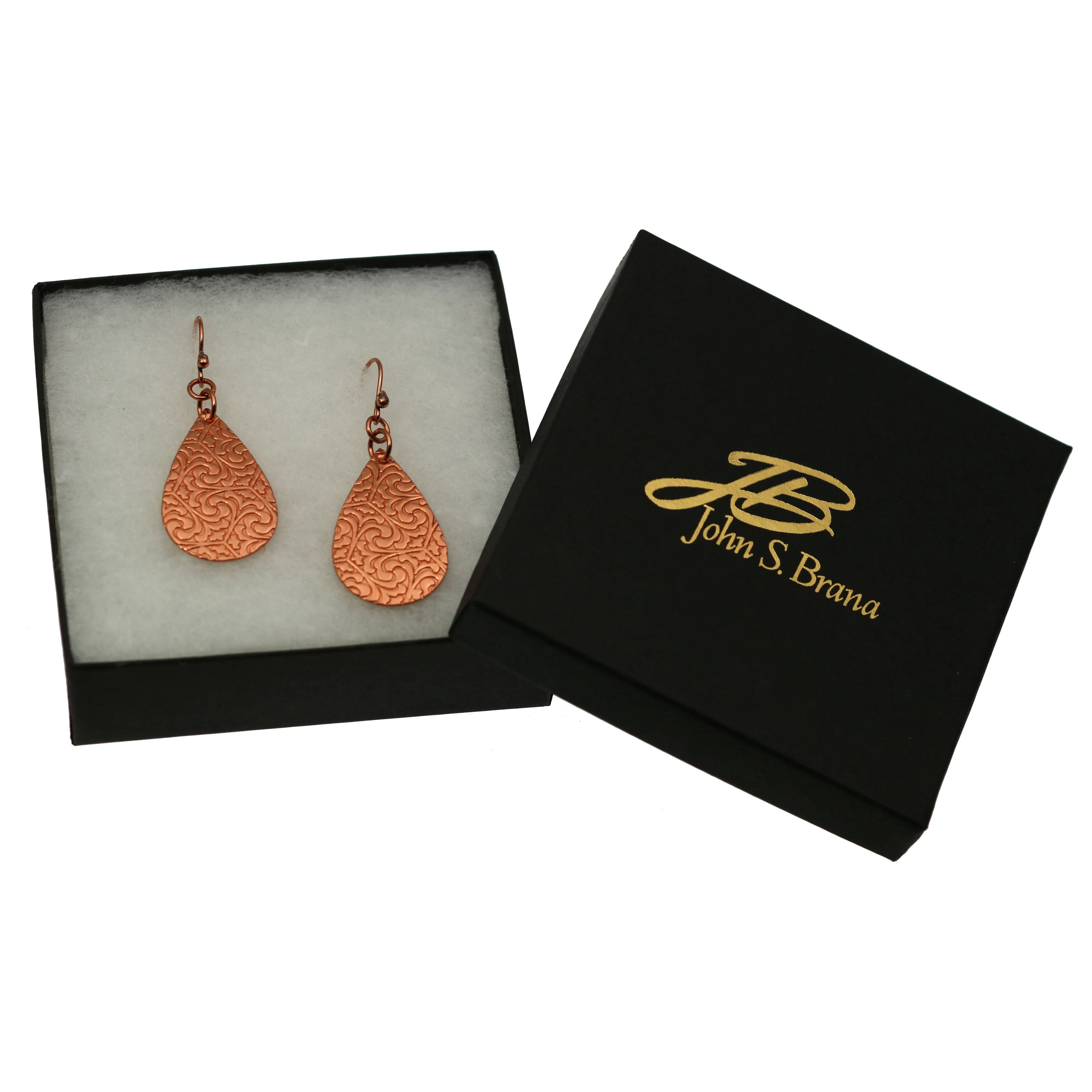 Damask Embossed Small Copper Teardrop Earrings